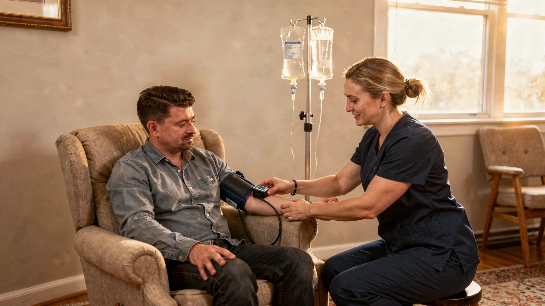 A nurse measuring a seated client's blood pressure before treatment begins