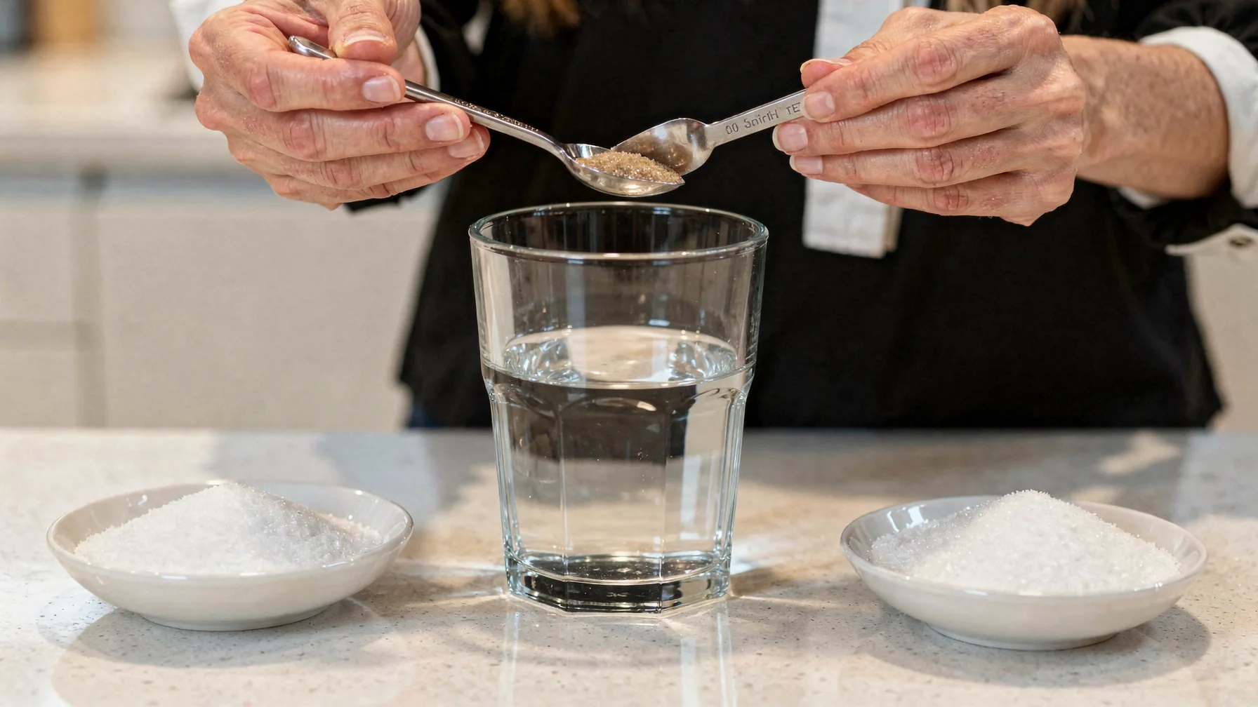 Mixing an oral rehydration solution at a kitchen counter: a glass of water, a measuring spoon, salt and sugar