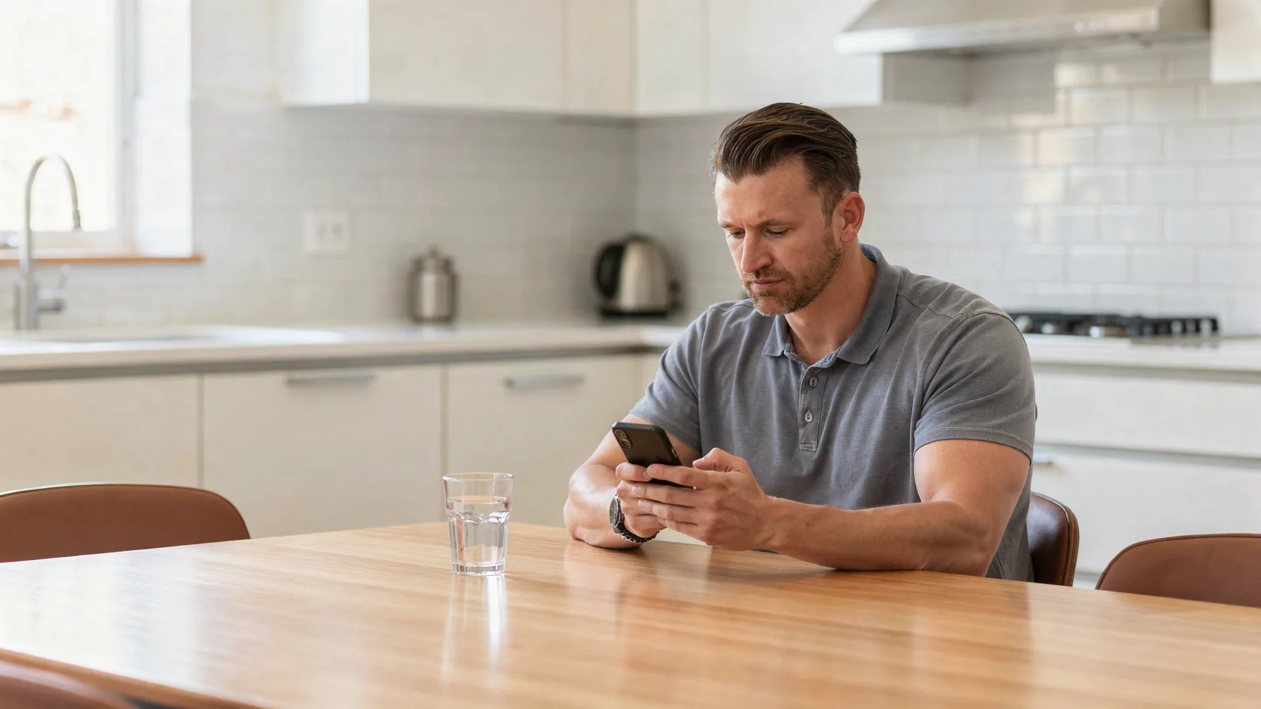 A person at a kitchen table weighing whether to call, phone in hand